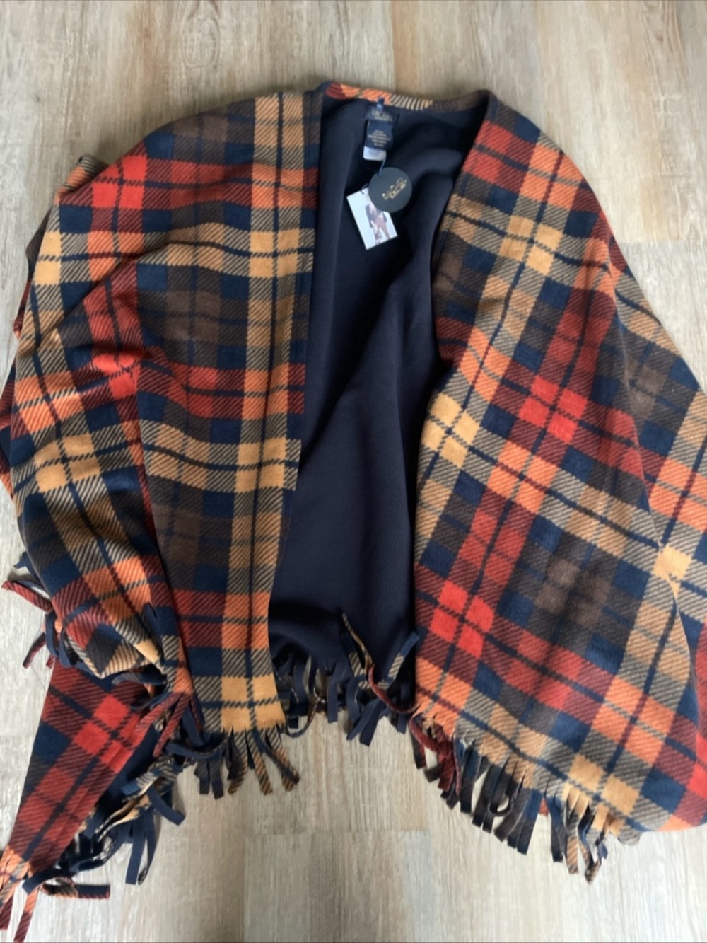 RACHEL Rachel Roy orange & Red Plaid Fringe Wrap